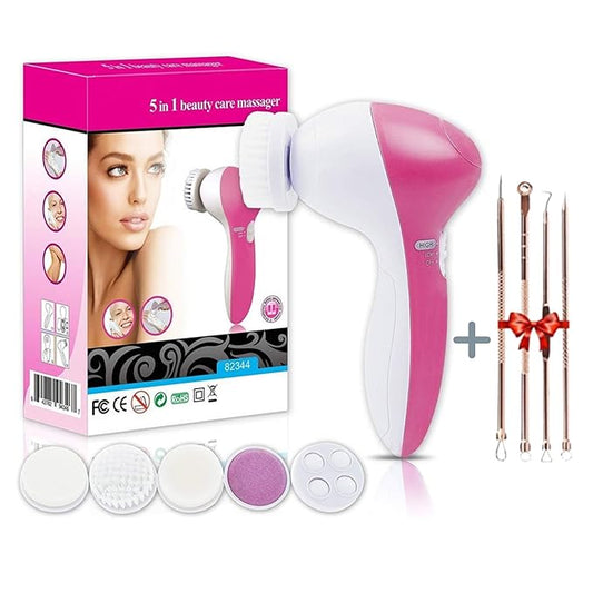 Facial Cleansing Brush 5 in 1 Portable Electric Facial Massager with 5 Spin Brush Heads for Acne, Blackheads, Dead Skin and All Skin Care