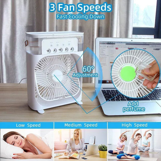 Portable Mini Air Cooler with 7-Colour LED — 3 Speeds & Mist Spray for Desk, Dorm & Bedroom